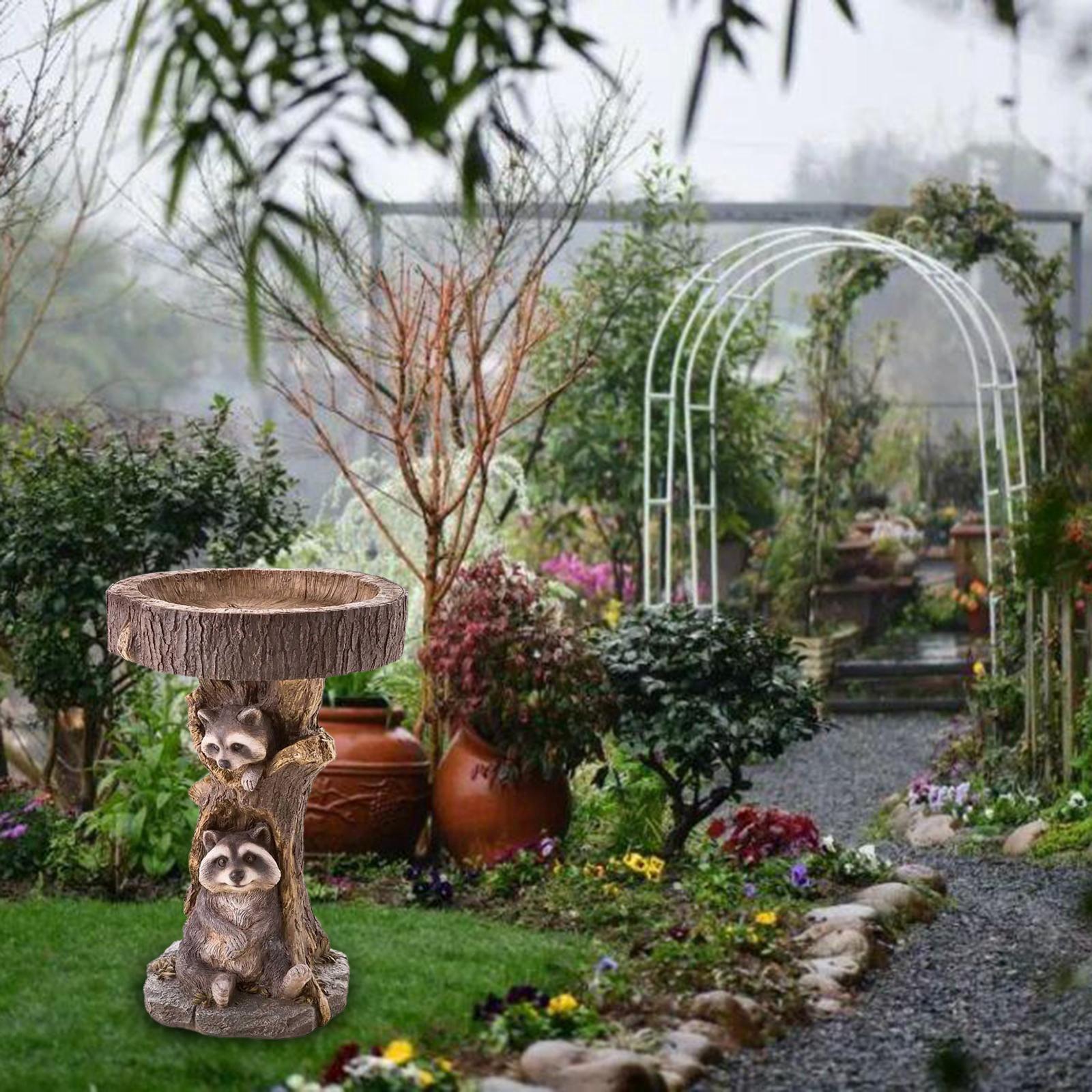 Colaxi Garden Bird Bath Bowl Raccoon Statue Figurine Feeding Station Landscape Lawn Resin Feeder Animal Sculpture for Courtyard Deck