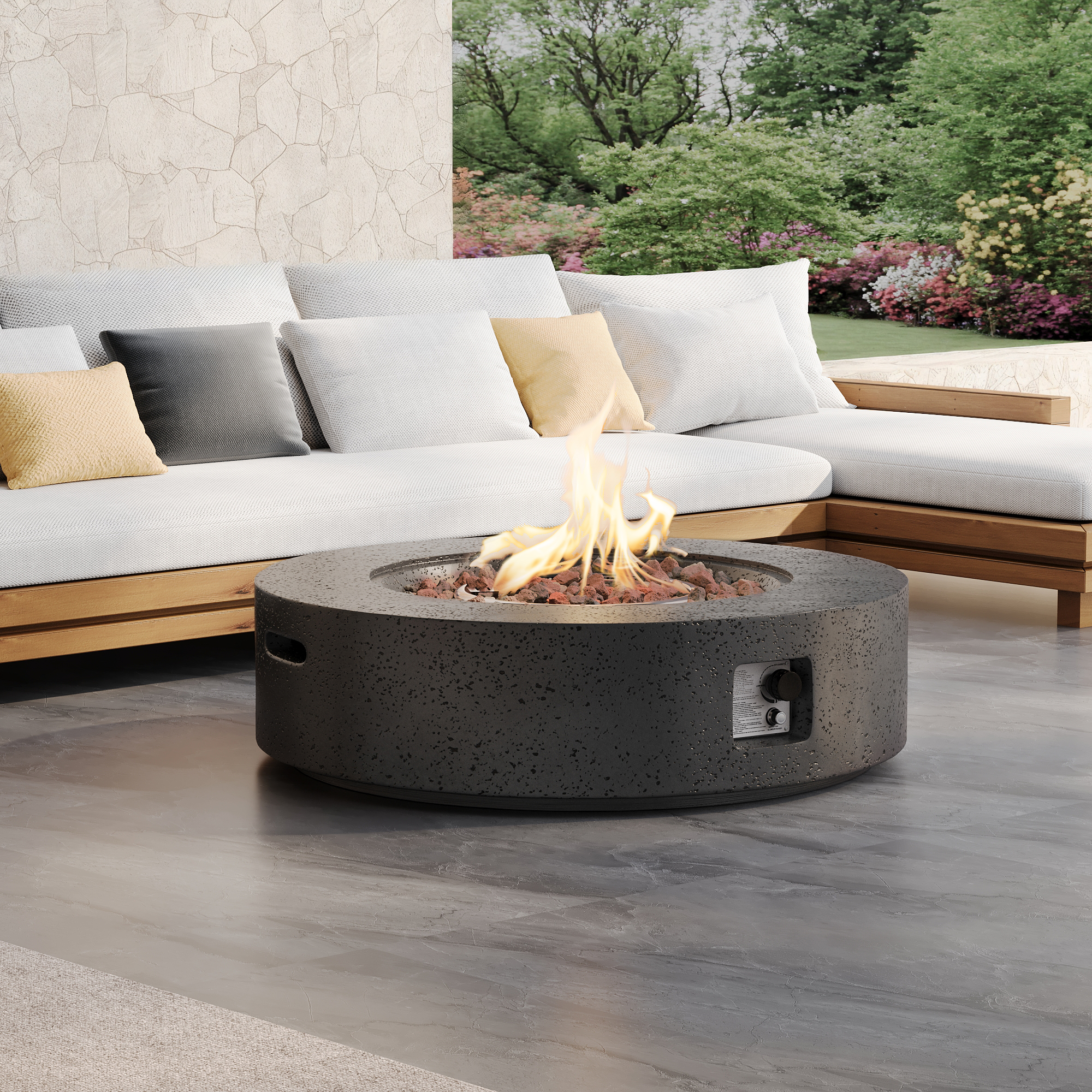 MOALCOFER 41" Outdoor Propane Fire Pit Table with Rain Cover&Lava Rocks,50,000 BTU,Concrete Round Base Patio Heater for Patio, Backyard