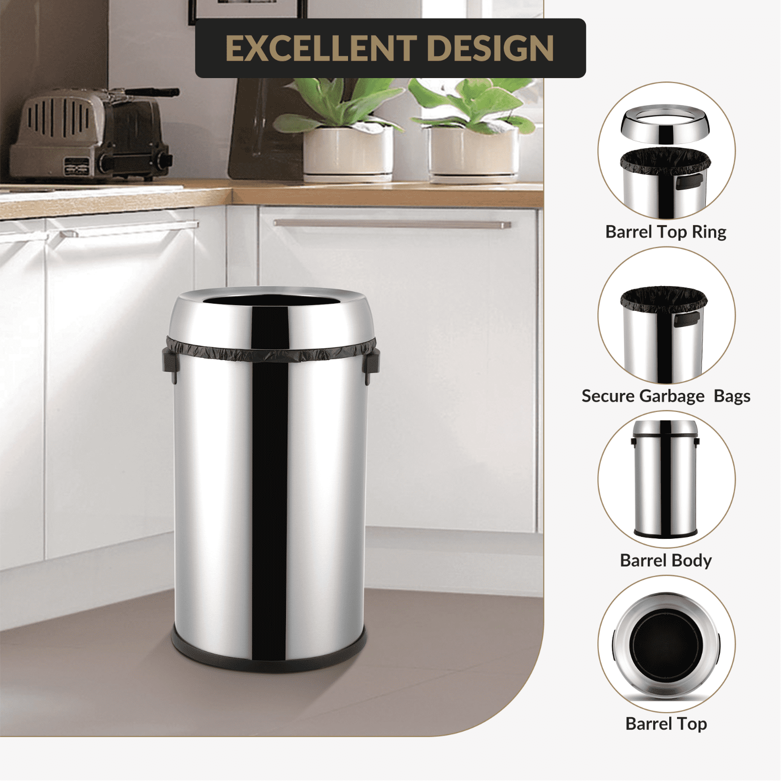 Large Open Top Trash Can 17 Gallon, 65 Liter Round Kitchen Garbage Can, Stainless Steel Trash Can, Commercial Trash Bin, Waste Bin, Recycle Bin for Bathroom, Office, Silver