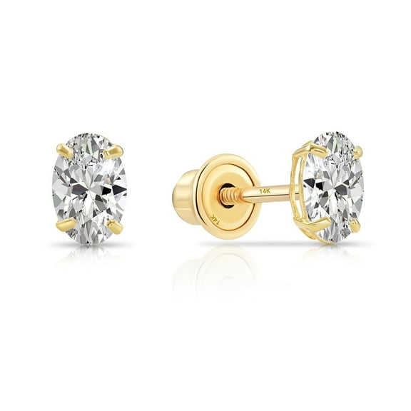 Tilo Jewelry 14K Yellow Gold Solitaire Oval CZ Stud Post Earrings with Secure Screw-backs | 6 x 4 mm | Classic Everyday Earrings | Women, Men & Unisex