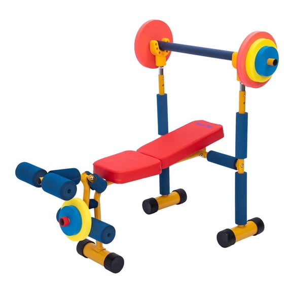 Hurtle Kids Exercise Bench Set, Iron Frame Weight Bench with Adjustable Barbell Rack & Removable Foam Weights, Workout Gym Toy for Ages 3-8, Indoor & Outdoor Play