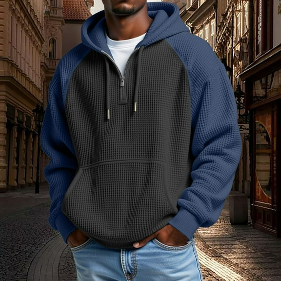 Men's Hooded Waffle Stitch Sweatshirt Solid Color Zipper Long Sleeve Tops Pullover with Pocket Zipper Hoodies Dark Blue XL