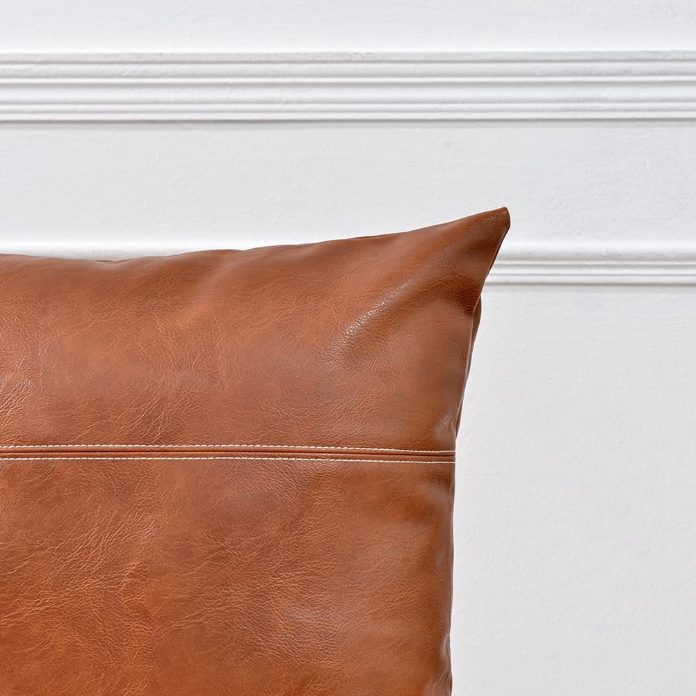 2 Packs Hand Stitched Faux Leather Decorative Throw Pillow Covers 20x20 Inch for Living Room Couch Bed Sofa. Brown Accent Square Cushion Case. Rustic Modern Farmhouse Home Decor