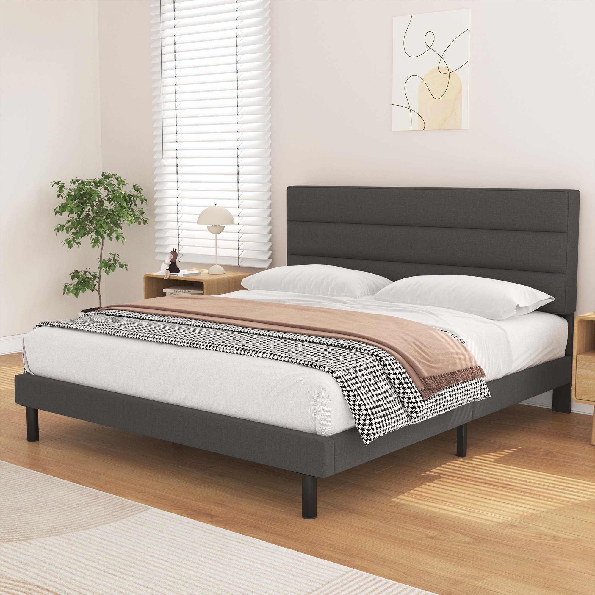 Twin Bed Frame, HAIIDE Twin Size Platform Bed with Wingback Fabric Upholstered Headboard, Dark Gray - image 3 of 8