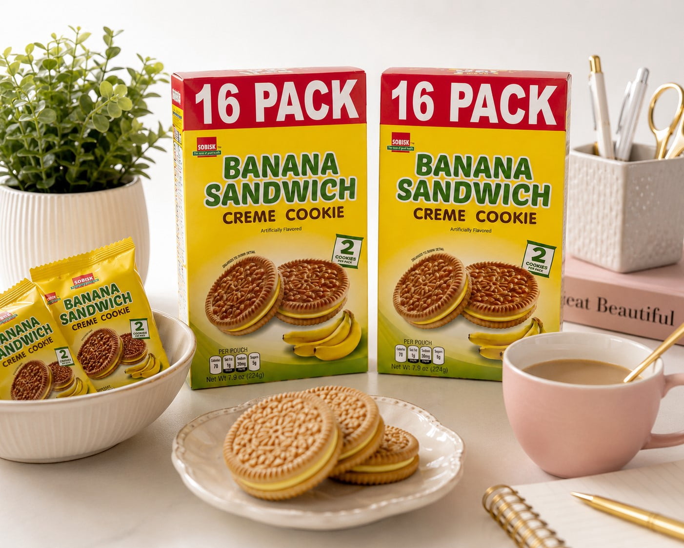 Sobisk Banana Sandwich Creme Cookies, 16 Snack Packs, 2 Cookies Per Pack, Artificially Flavored, 7.9 oz (Pack of 2)