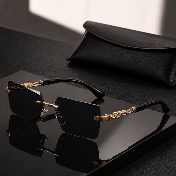 Unisex Rimless Black Gold Sunglasses with Patterned Temples and Case