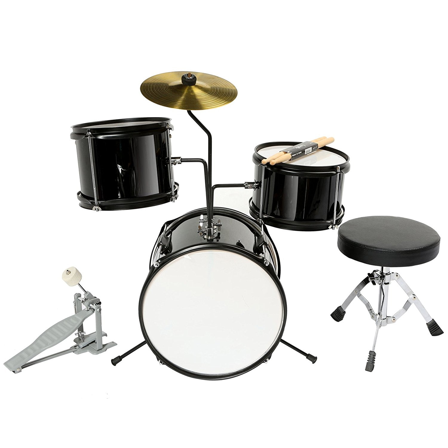 Black 3 Piece Complete Junior Drum Set Cymbal Child Kids Kit w/ Stool