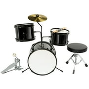 Black 3 Piece Complete Junior Drum Set Cymbal Child Kids Kit w/ Stool & Sticks