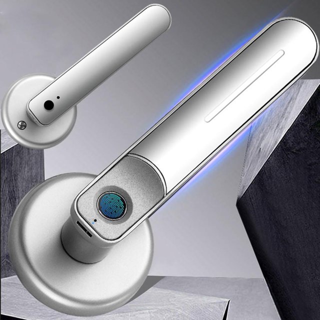 Manija de cerradura de puerta con huella digital Entrada biométrica inteligente con 2 llaves (Plata)