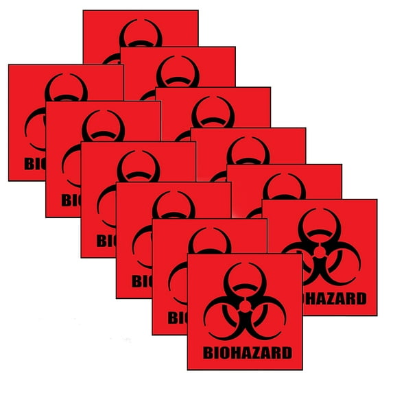 Biohazard Warning Label, 6" x 6", Pack of 12 Labels, Coated Paper, Red-Orange Universal Biohazard Symbol Sticker, Self-Adhesive
