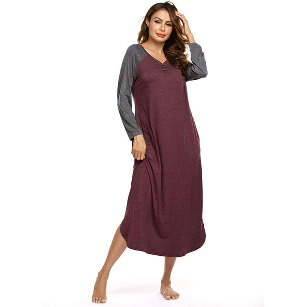 Ekouaer Nightgown Women's Long Sleeve Round Neck Sleepwear Long