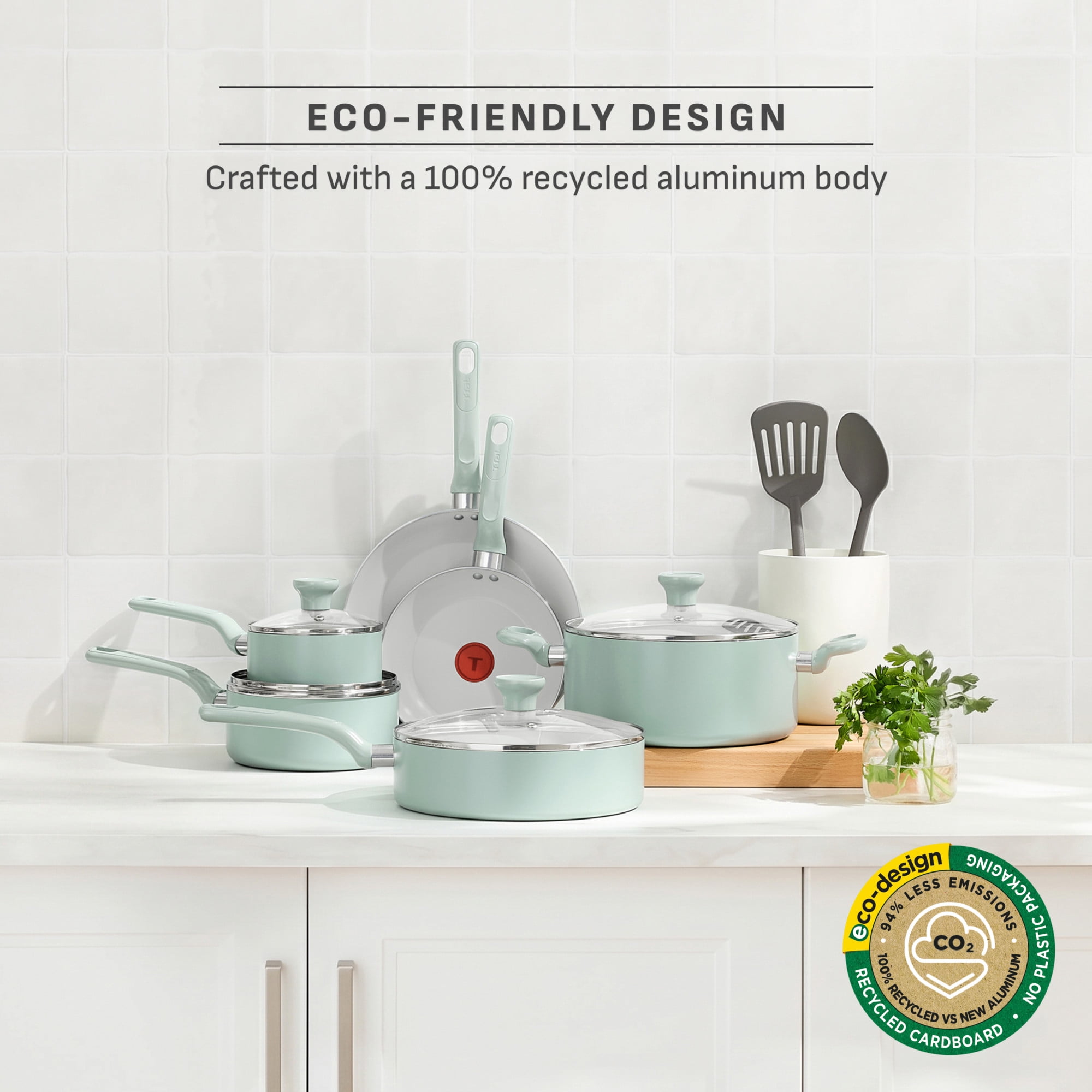 T-fal Easy Care 12 Piece Ceramic Nonstick Cookware Set, Pots and Pans, Mint Green