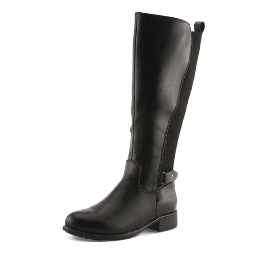 PATRIZIA PAPINA Women’s Tall Riding Boot – Faux Leather Knee-High with Buckle & Stretch Back Panel