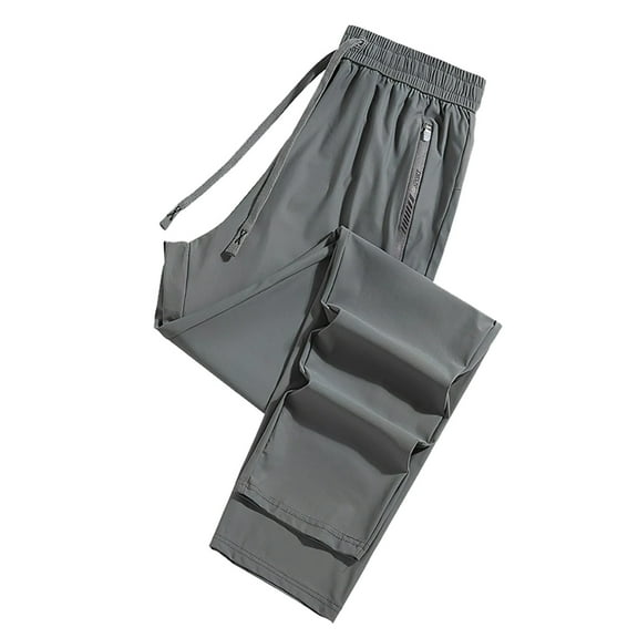 FINALGANG Summer Trousers For Men Solid Color Ice Silk Drawstring Sweatpants Thin Outdoor Pants With Zipper Pockets Relaxed Fit Comfort Daily Wear