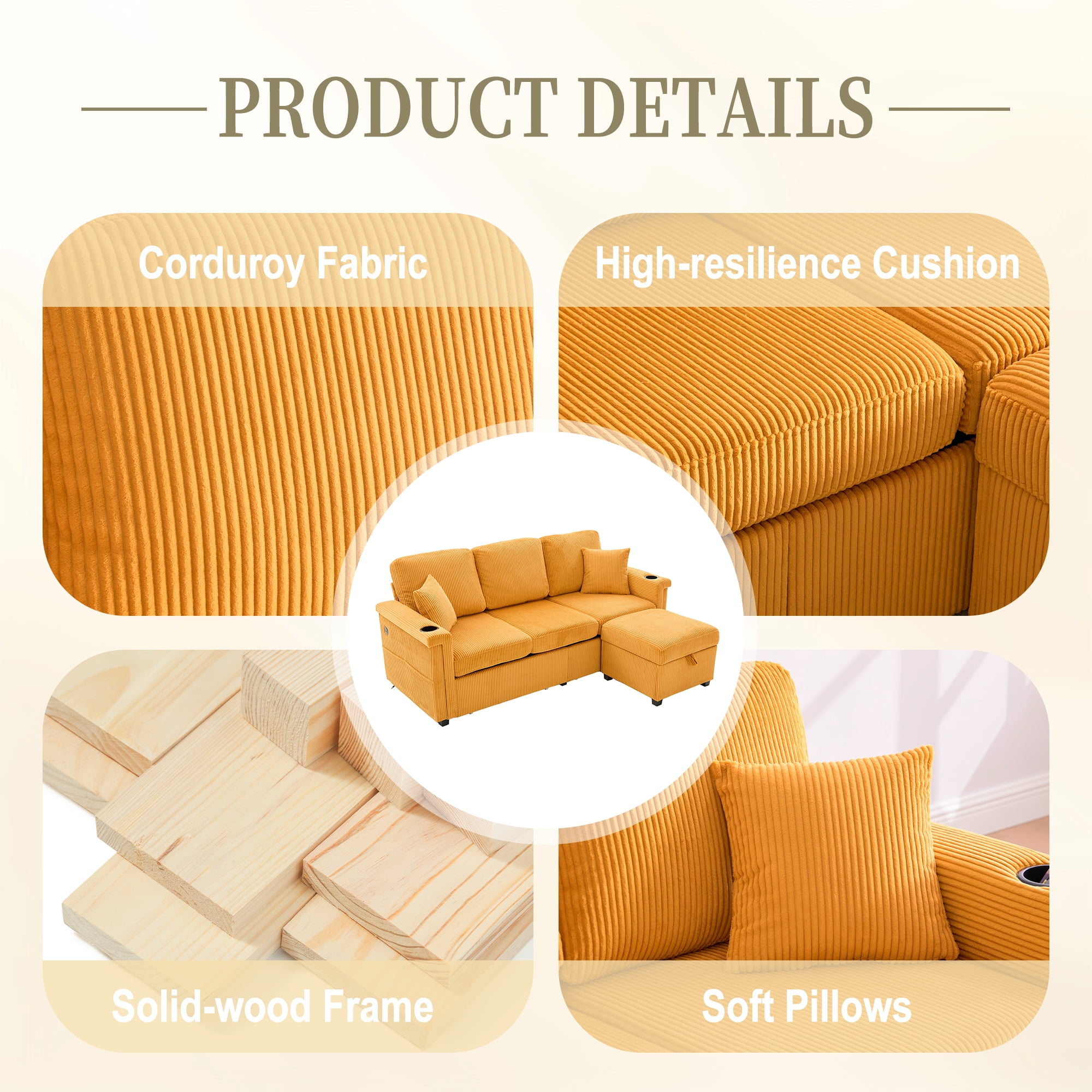 MOONMISS Corduroy Upholstered L-shaped Pull-Out Storage Sectional Sofa with Storage Ottoman,USB Charging,Cup Holder-Yellow