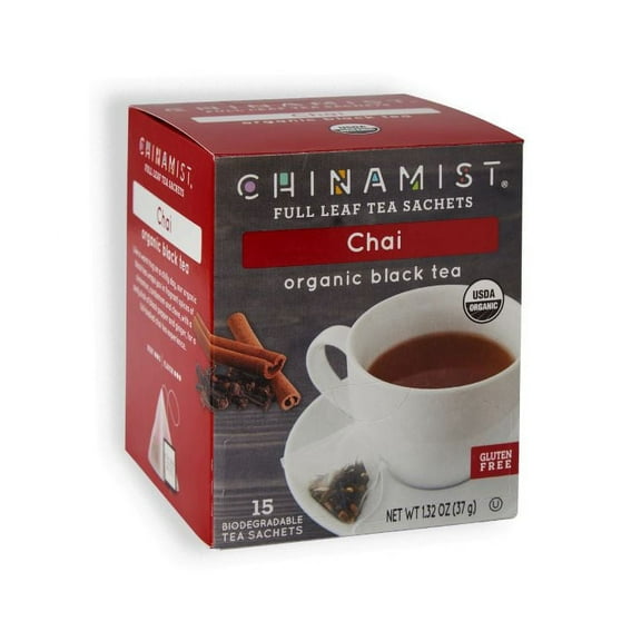 China Mist - Chai Organic Black Full Leaf Tea Sachet, 15 Count Box - Biodegradable and Individually Wrapped