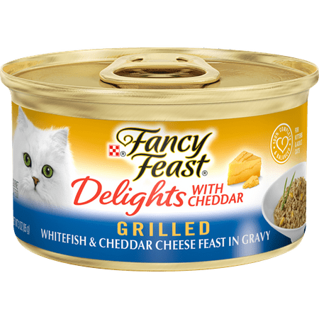 Fancy Feast Gravy Wet Cat Food, Delights Grilled Whitefish & Cheddar Cheese, Turkey and Cheddar Feast in Gravy, 3 oz. Can 14/Pk.