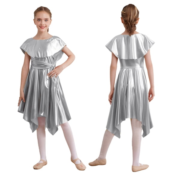 Doomiva Kids Girls Shiny Metallic Lyrical Liturgical Choir Worship Praise Dance Dress Asymmetrical Hem Tunic Dancewear Silver 6