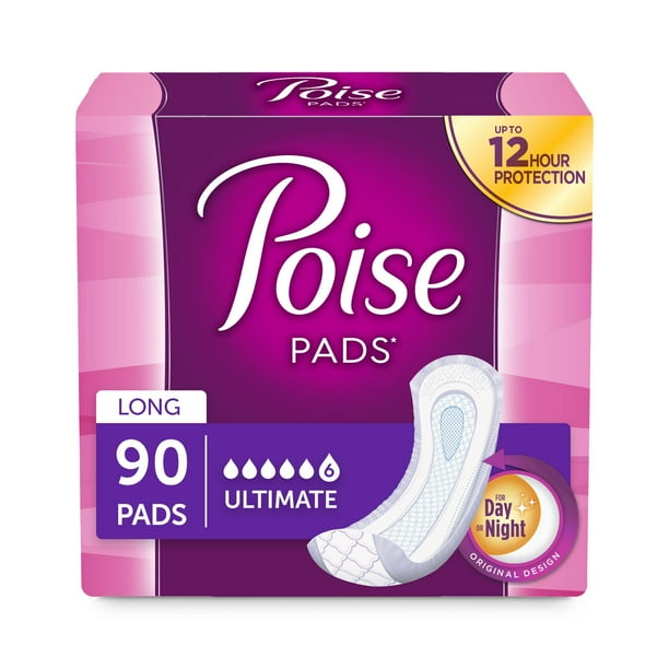 Poise Incontinence Pads for Women, Ultimate Absorbency, Long, 90 Ct