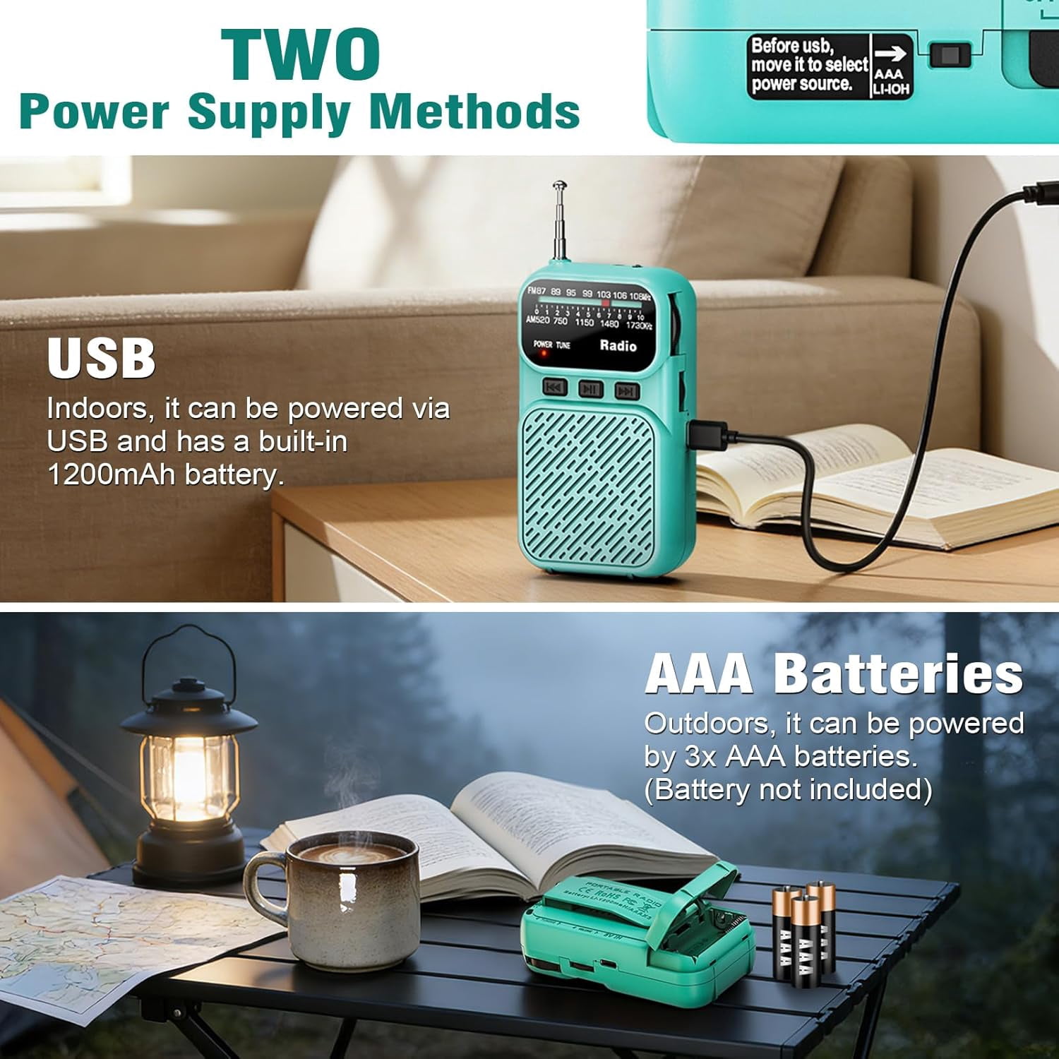 Portable Radio AM FM,Mini Tansistor Radio,Pocket Radio with Flashlight,Tuning Knob,TF Card Slot,Headphone Jack, 3AA Battery Operated or Plug in Wall,Compact Personal Radio for Gift,Family,Elder,Blue