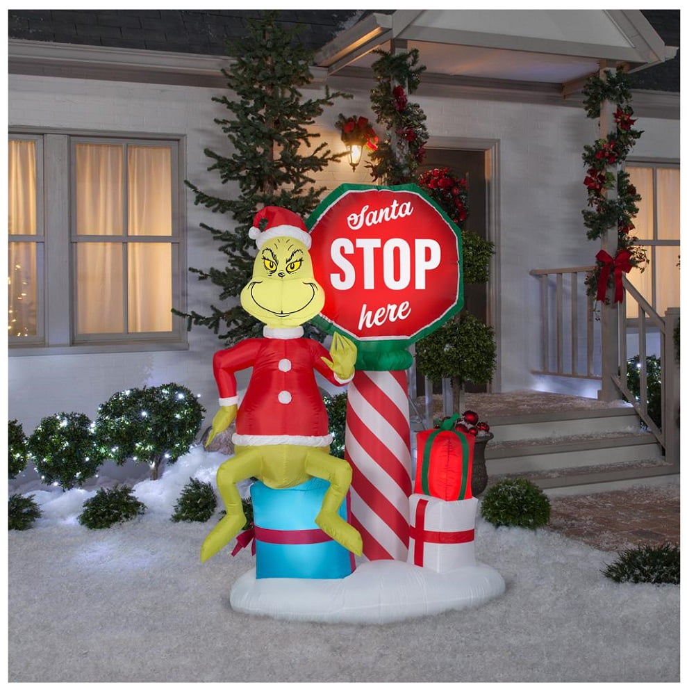 Gemmy 6' Airblown Christmas Inflatable Grinch with Santa Stop Here Sign Scene 