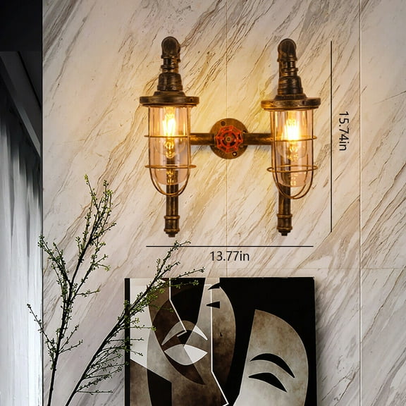 Miumaeov 2 Light Vintage Steampunk Wall Light Retro Wall Sconce Lamp Industrial Water Pipe Wall Lamp Fixture E26 Base