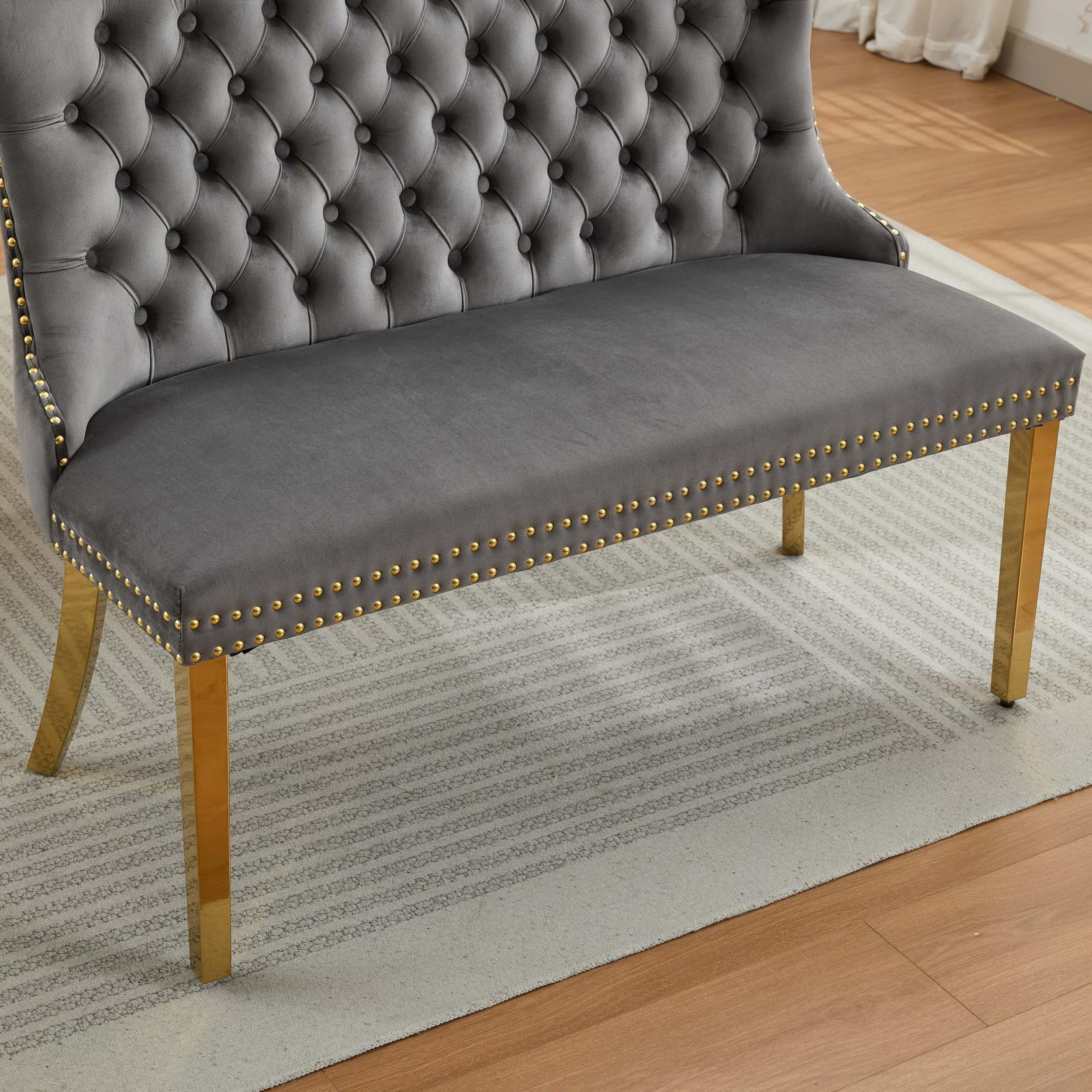 Gray Velvet Double Dining Loveseat Bench, 2-Seat Tufted Kitchen & Dining Chair with Gold-Plated Steel Legs, Wing Back, Mid Century Modern Style, Handmade Button Accent