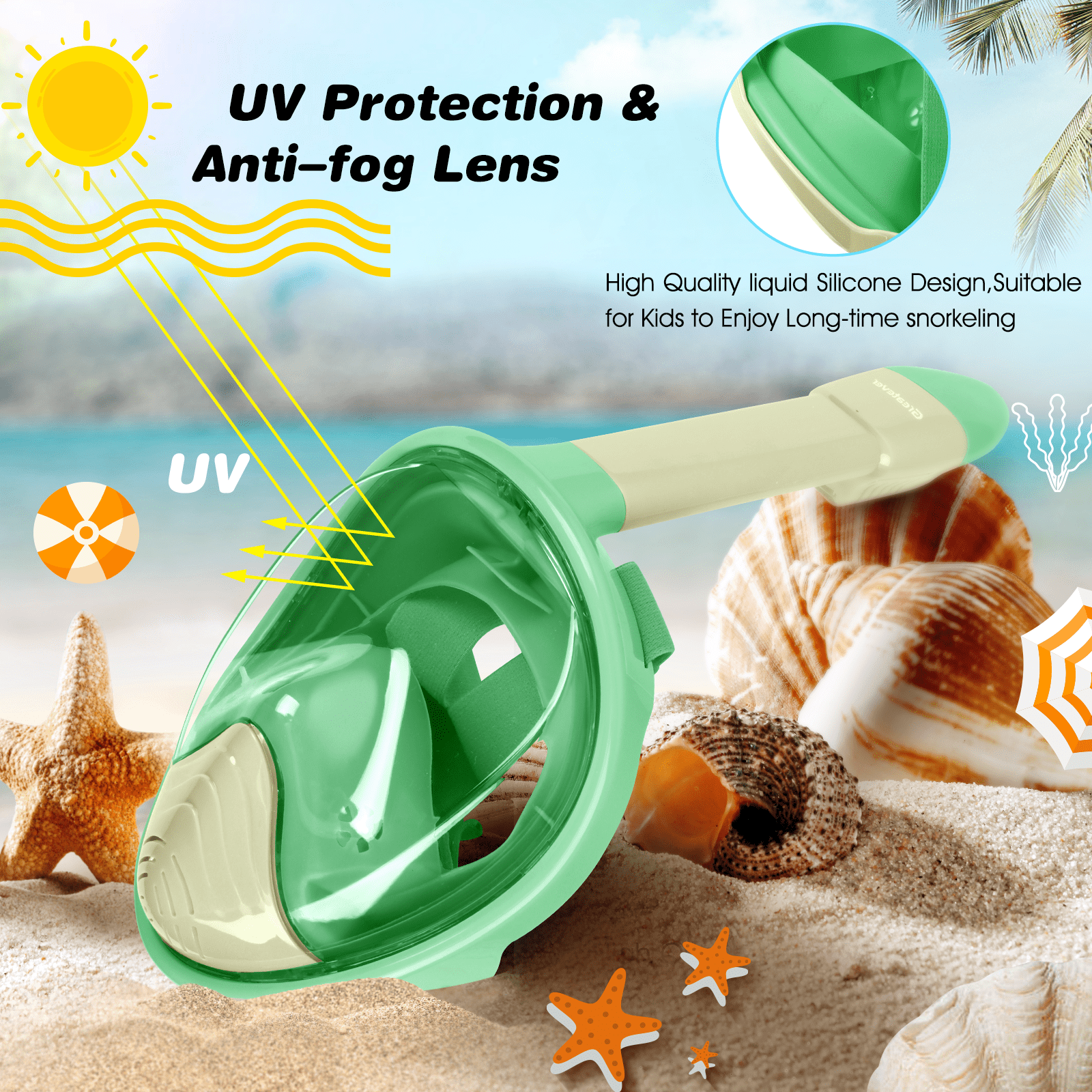 Gintenco Full Face Snorkeling Mask, kids Dive Mask with Innovative Leakage Protection System, 180 Panoramic Snorkeling Gear with Removable Camera Mount cyan
