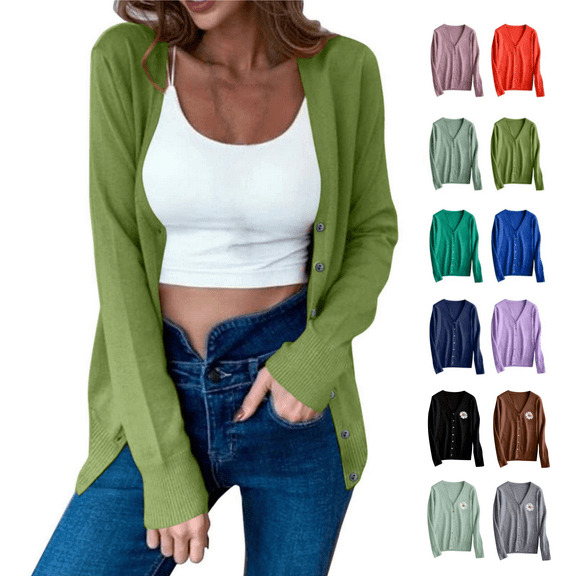 Odbmxy V-Neck Womens Oversized Sweater Long Sleeve Women Cardigan Sweater Regular Casual Plain Button up Green Sweaters