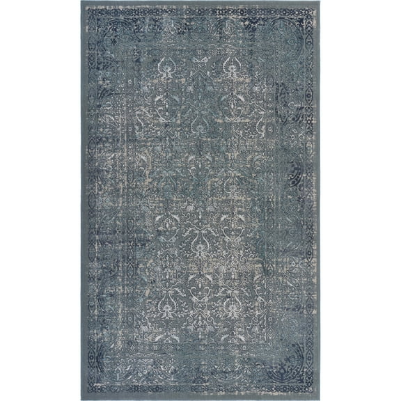 LR Home Imara Amety Blue/Silver Traditional Damask Polyester Area Rug, 9'6" x 13'