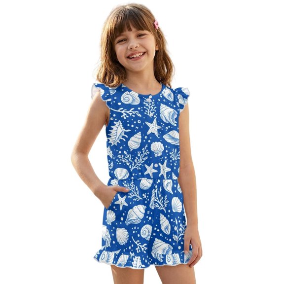 ZIATUBLES Blue Seashell Starfish Print Girls Summer Romper Ruffle Cap Sleeves One-Piece Short Jumpsuit Soft Comfort Kids Casual Playsuit with Pockets for 5-6 Y
