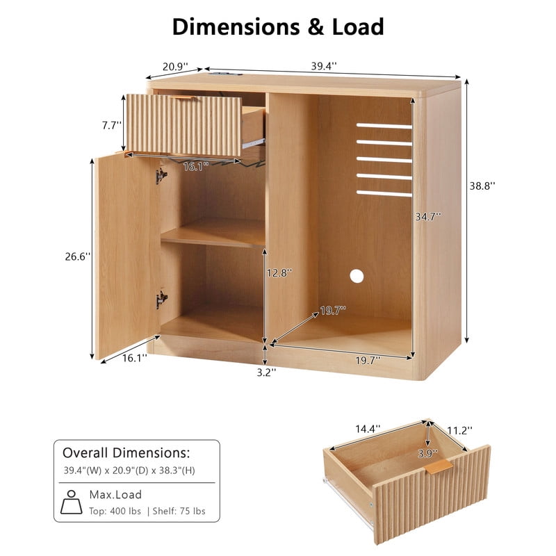39.4"W Coffee Bar Cabinet with Small Fridge Space, Mini Liquor Storage Buffet Cabinet with Drawer & Charging Station