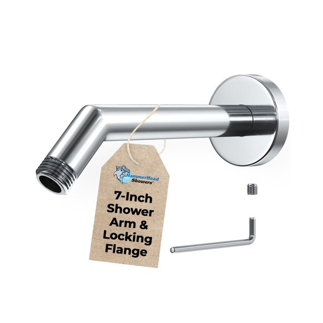 HammerHead Showers Brazo de ducha y brida TODO METAL de 7 pulgadas con tornillo de fijación Cromo | Tubo acodado de pared y placa de cubierta | Pieza de repuesto universal para cabezales de ducha