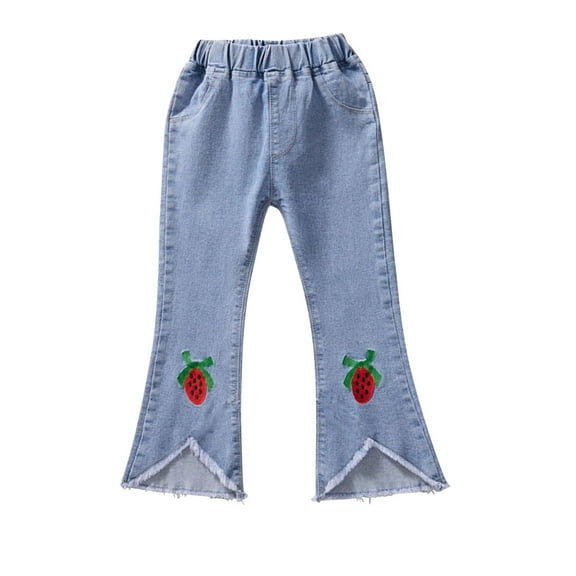 Cute Jeans for Girls 10 12 Straight Leg Cute Embroidery Elastic Waist Denim Pants Raw-Hem Fashion Back to School Clothing, Light Blue5 Years