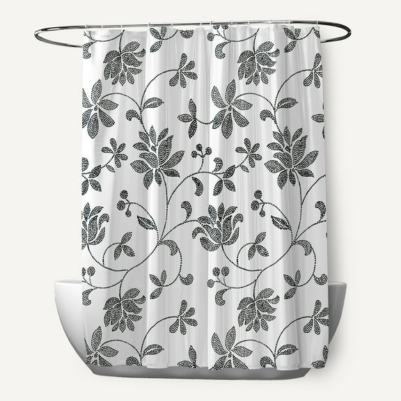 Simply Daisy 70" W x 73" L Traditional Floral Polyester Shower Curtain, Black [1 Ct]