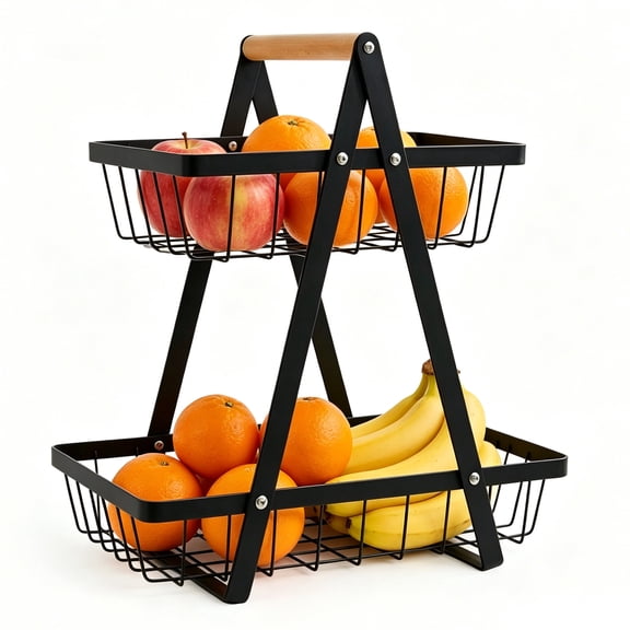 rsvita 2-Tier Detachable Metal Countertop Storage Basket with Wooden Handle, Rectangular Multi-Purpose Kitchen Organizer for Produce Bread Snacks