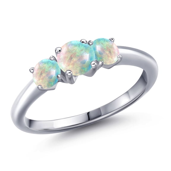 Gem Stone King 925 Sterling Silver Simulated White Opal Engagement Ring for Women | 1.00 Cttw | Round Cabochon 5MM | Gemstone October Birthstone | Size 5