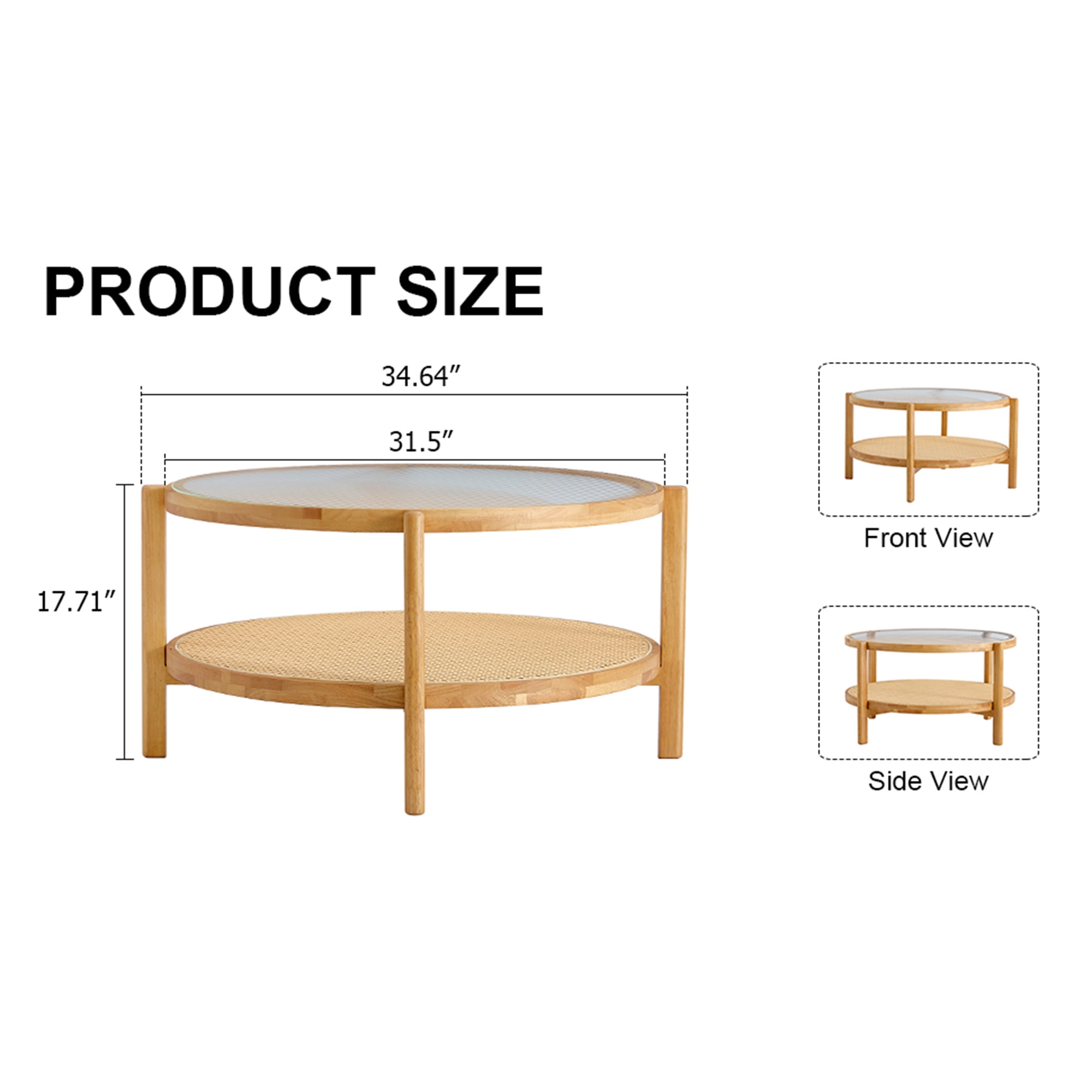 Kepooman 2-Tier Coffee Table, Round Tea Table with Solid Wood Frame and Pe Rattan, Modern Glass Sofa Center Table for Living Room, Natural Wood