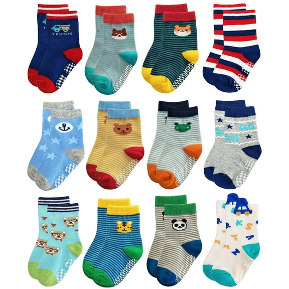 RATIVE RB-71317 Non Skid Anti Slip Slipper Cotton Striped Crew Dress Socks with Grips for Baby Toddler Boys (18-36 Months, 12