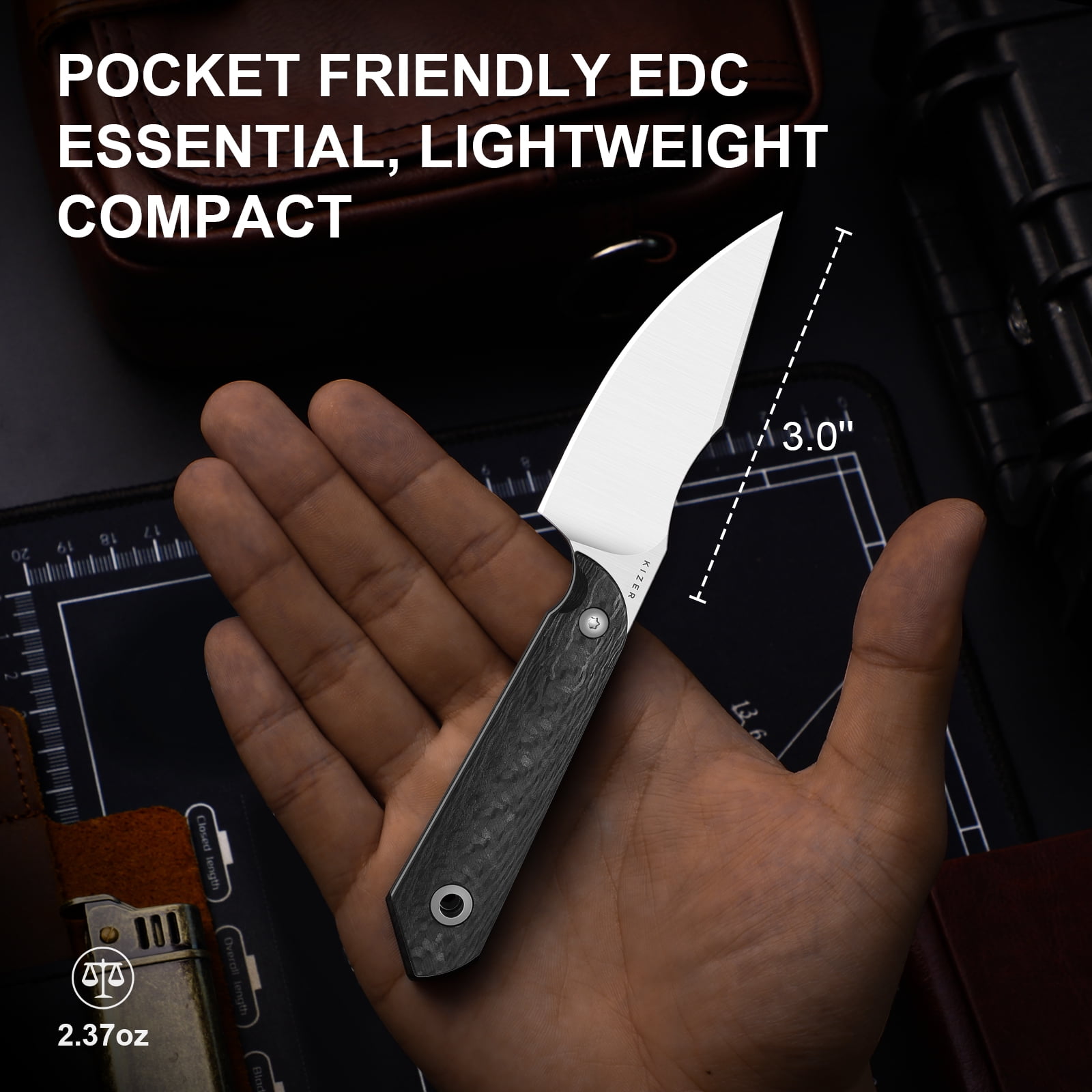 Kizer Mini Harpoon Drop Point Fixed Knife M390 Blade Carbon Fiber Handle With Sheath 1040S8