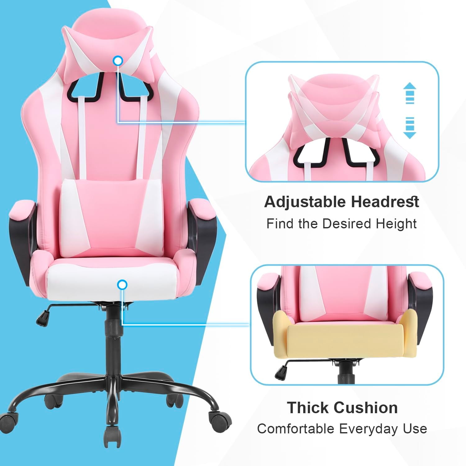 PC Gaming Chair Office Chair Ergonomic Computer Chair Mid Back Adjustable Desk Chair with Lumbar Support Armrest 360° Swivel Gaming Chair with Headrest for Home Office Work Study, Pink
