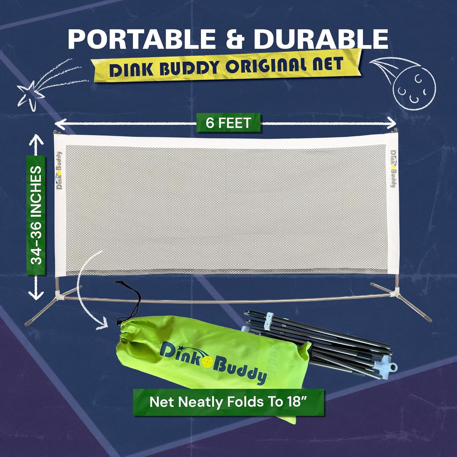Dink Buddy - 3-in-1 Play Everywhere Pickleball Practice Set, Complete Bundle with 1 Collapsible 6-ft Pickleball Net, 3 Kelso + 3 Standard Balls, 2 Paddles, & 1 Drawstring Backpack