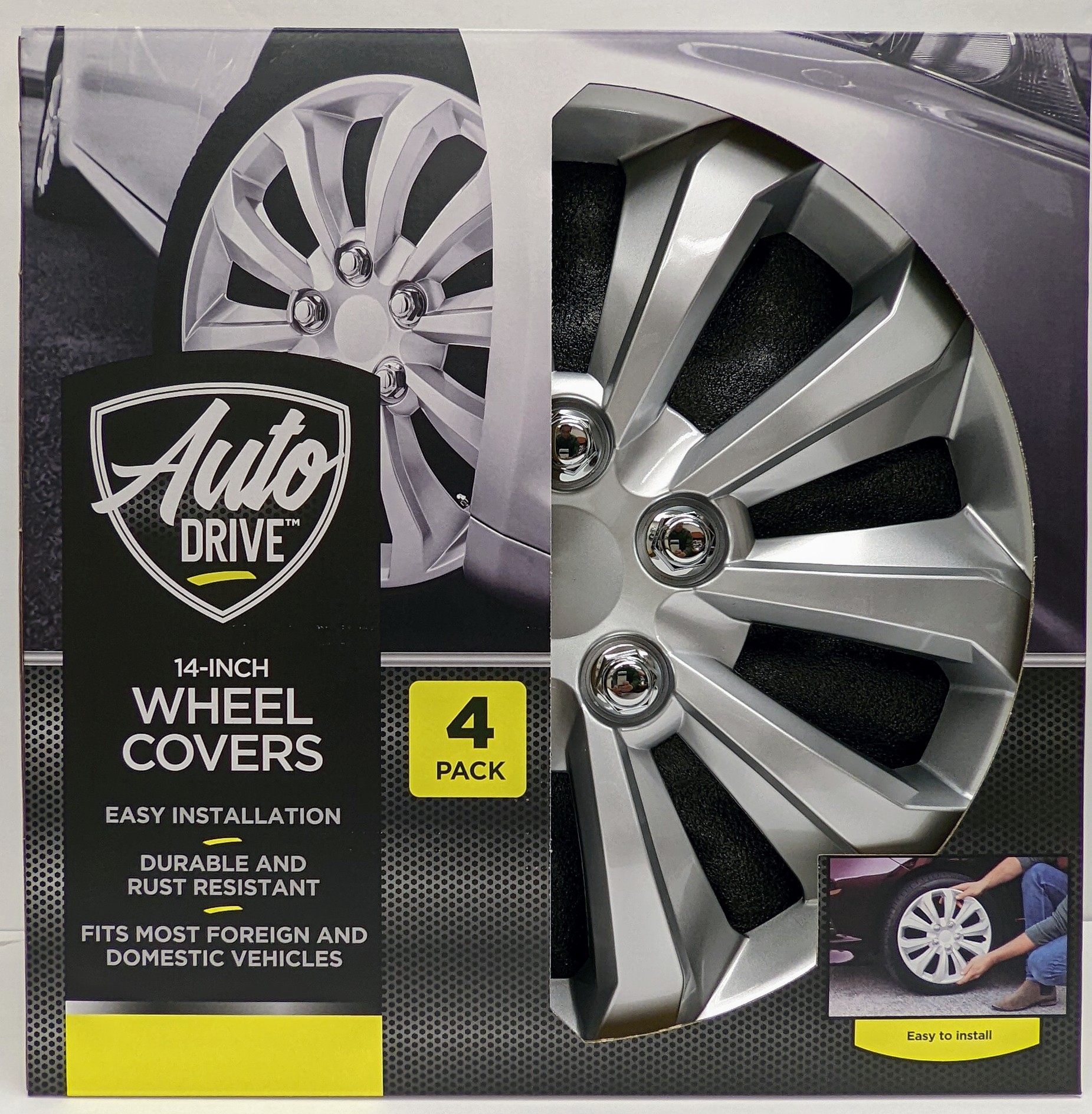 AUTO DRIVE 14 INCH SILVER ALLOY FINISH HUBCAP WHEEL COVERS – SET OF 4 – FITS MOST CARS