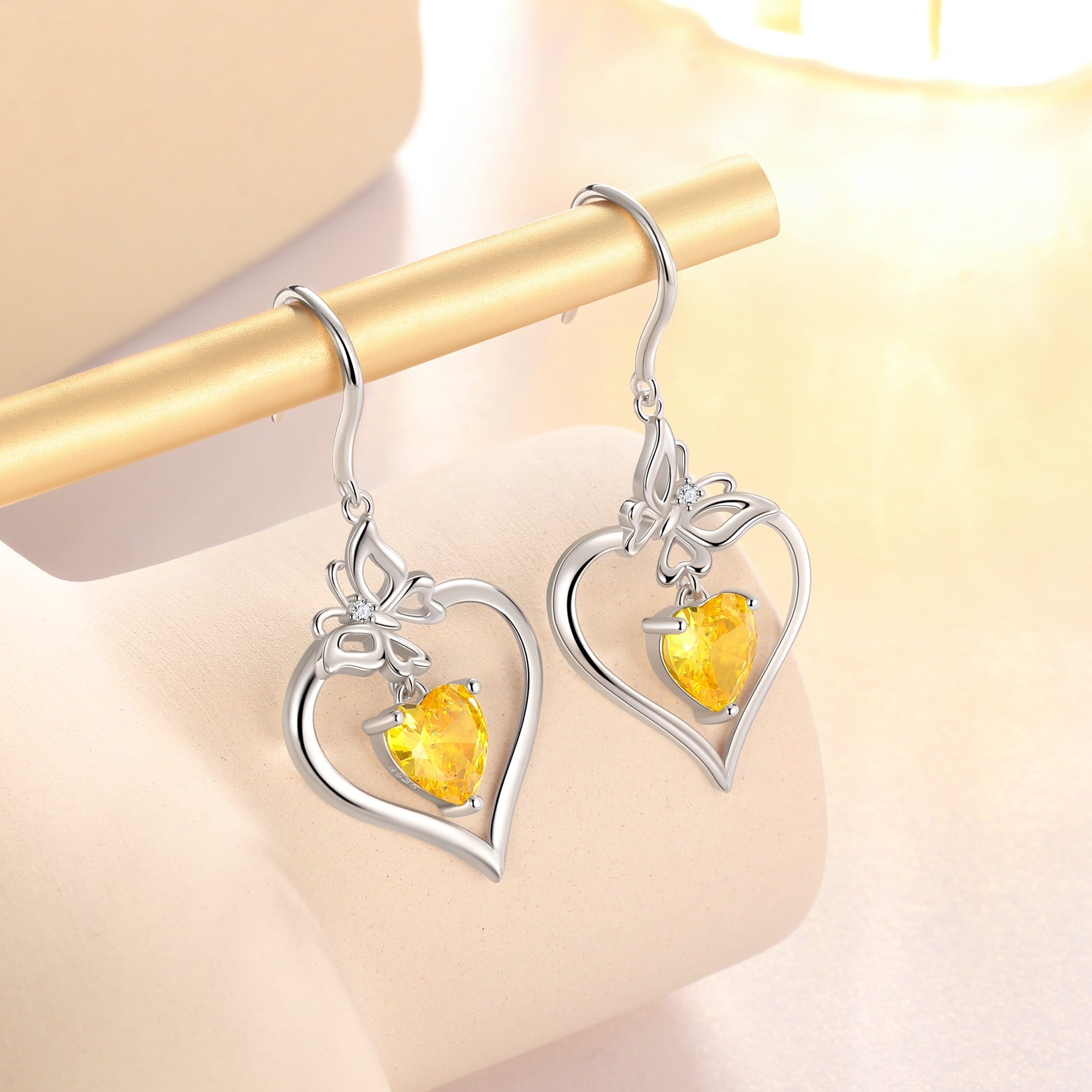 Beautlace 18K White Gold over Stering Silver Butterfly Dangle Drop Earrings,November Birthstone Heart Hook Earrings Jewelry Birthday Christmas Valentines Mothers Day Gifts for Women Mom