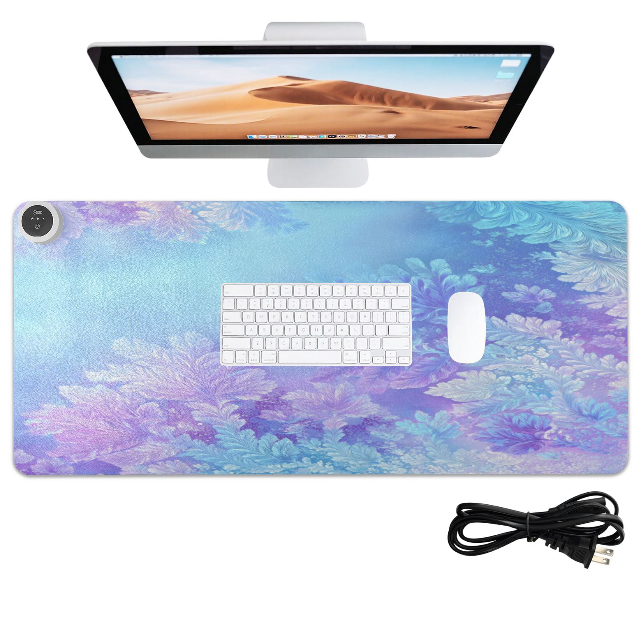Large Heated Desk Mat Mouse Pad 31.5"x13"PU Leather Graphene Heating Desk Warmer with 3 Temperature Settings 110V US Plug Non-Slip Warm Pad for Home, Office, and Gaming Frosty Floral Ice Pattern