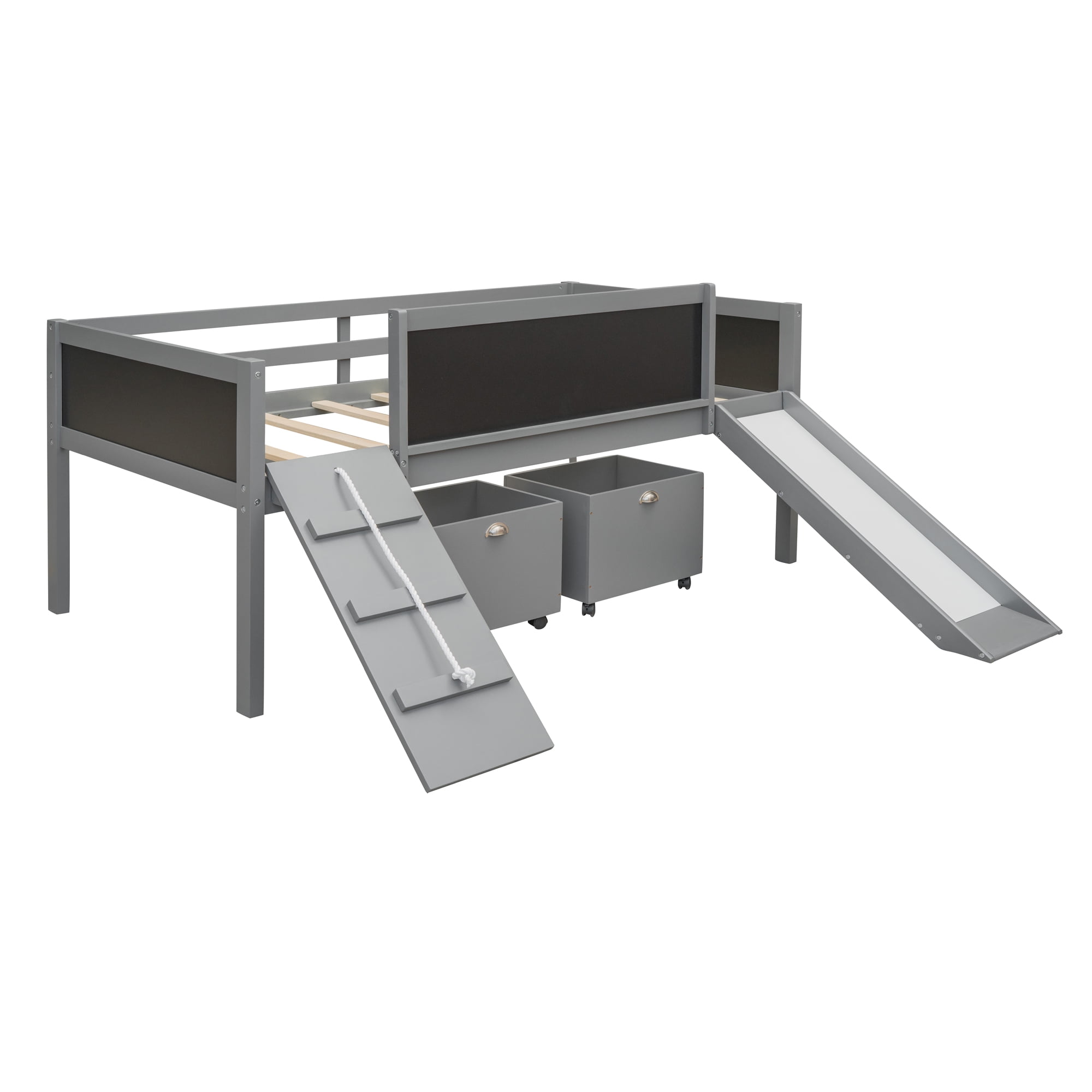 Gewnee Twin Size Wood Loft Bed with Slide,Climbing Frame,Two Movable Drawers and Chalkboard for Kids,Gray