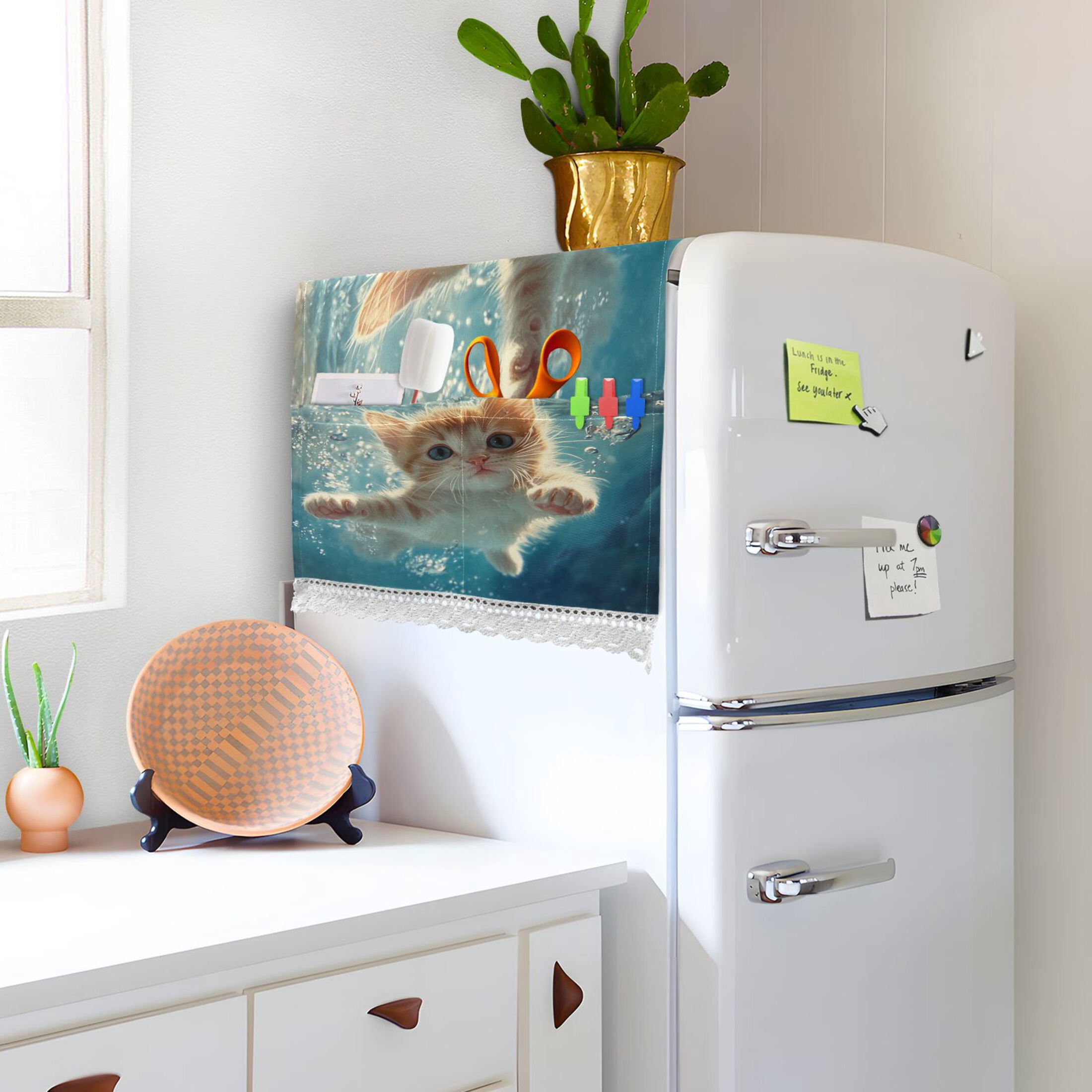 Cute Kitten Swim UnderwaterWasher and Dryer Covers Dust-Proof and Oil Resistant Fridge Cover with 4 Storage Pockets Washing Machine Top Cover for Laundry Kitchen Home 51.2 x 22 In