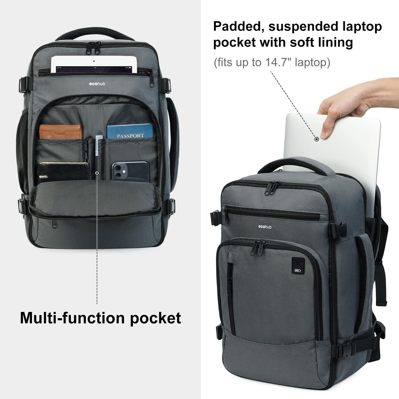 16" Travel Laptop Backpack with Handle Airline Approved Full Open Carry on Business Daypack for Women Men Travel Essentials Casual Hiking, 20L, Grey