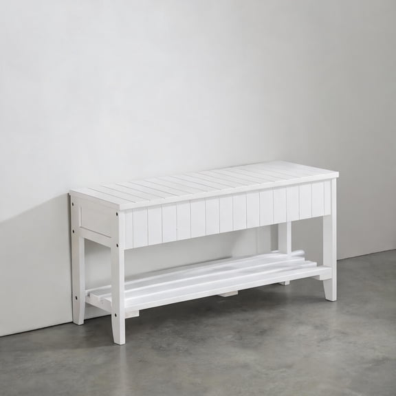 Solid Wood Crisp White Storage Shoe Bench, 2-Seater Entryway Bench with Shoe Storage, 35.5 Inches Long