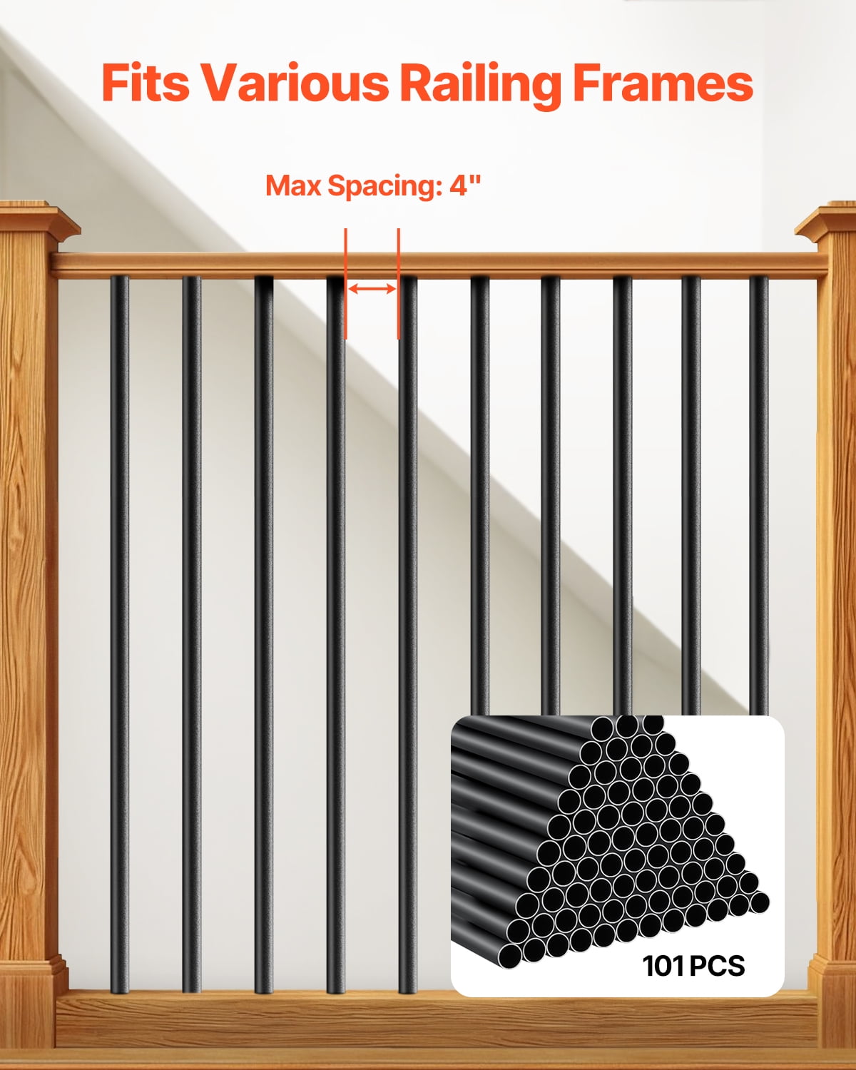 VEVOR Staircase Balusters 101 pack, 26 In Aluminum Stair Balusters, 3/4 In Rainwater-Proof Round Metal Spindle Railing, Durable Hollow Deck Railing with #19 Drill Bit for Stairs, Porch, Patio, Black